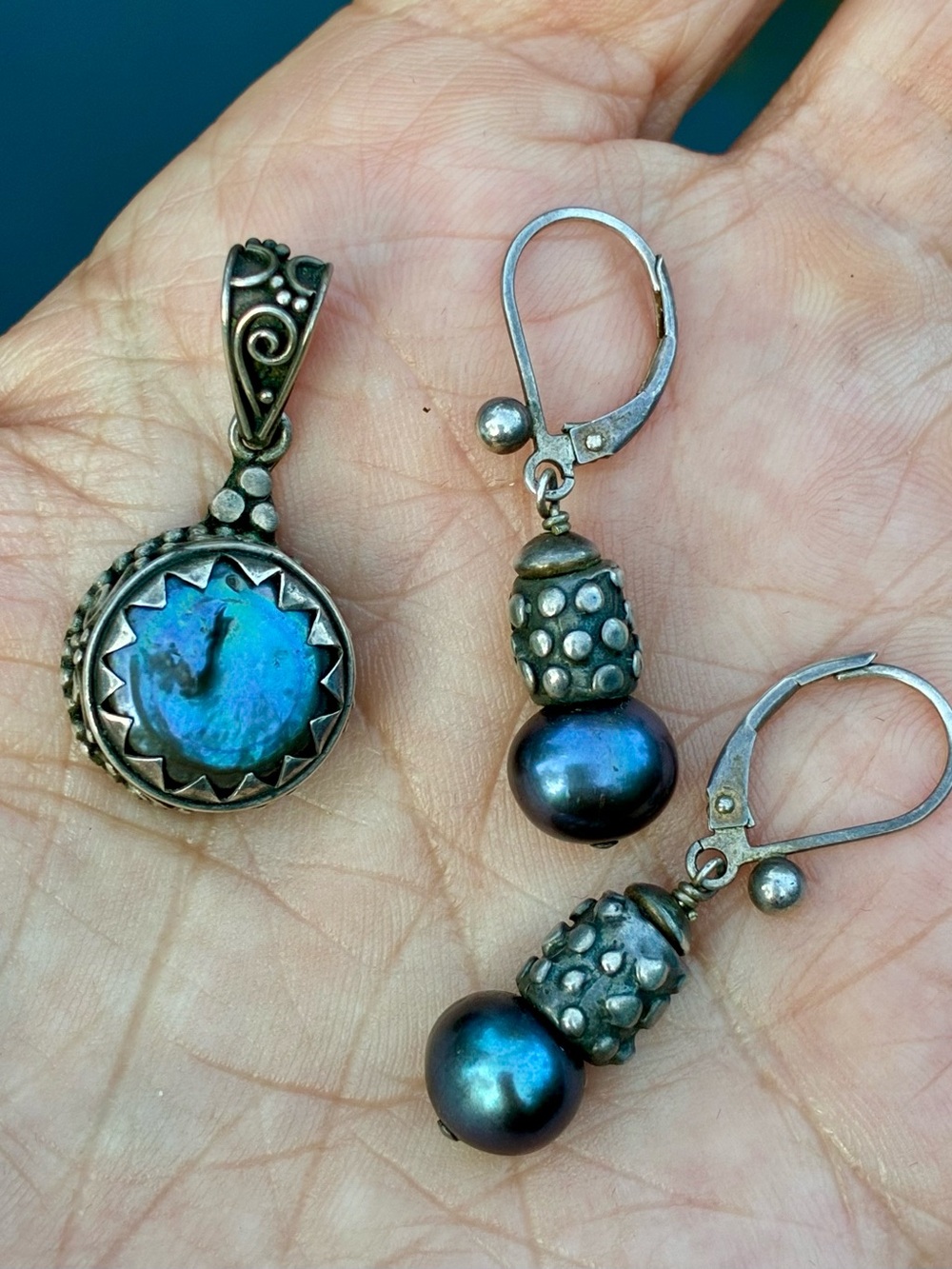 Sterling Silver Black Pearl Pendant & Earrings Set • 925